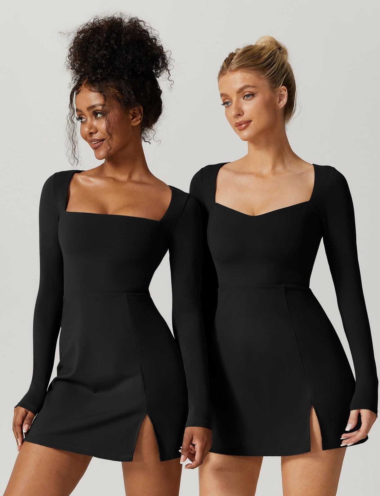 QINSEN Woman’s Solid Black Mini Dress Long Sleeve Square Neck Stretch Flare