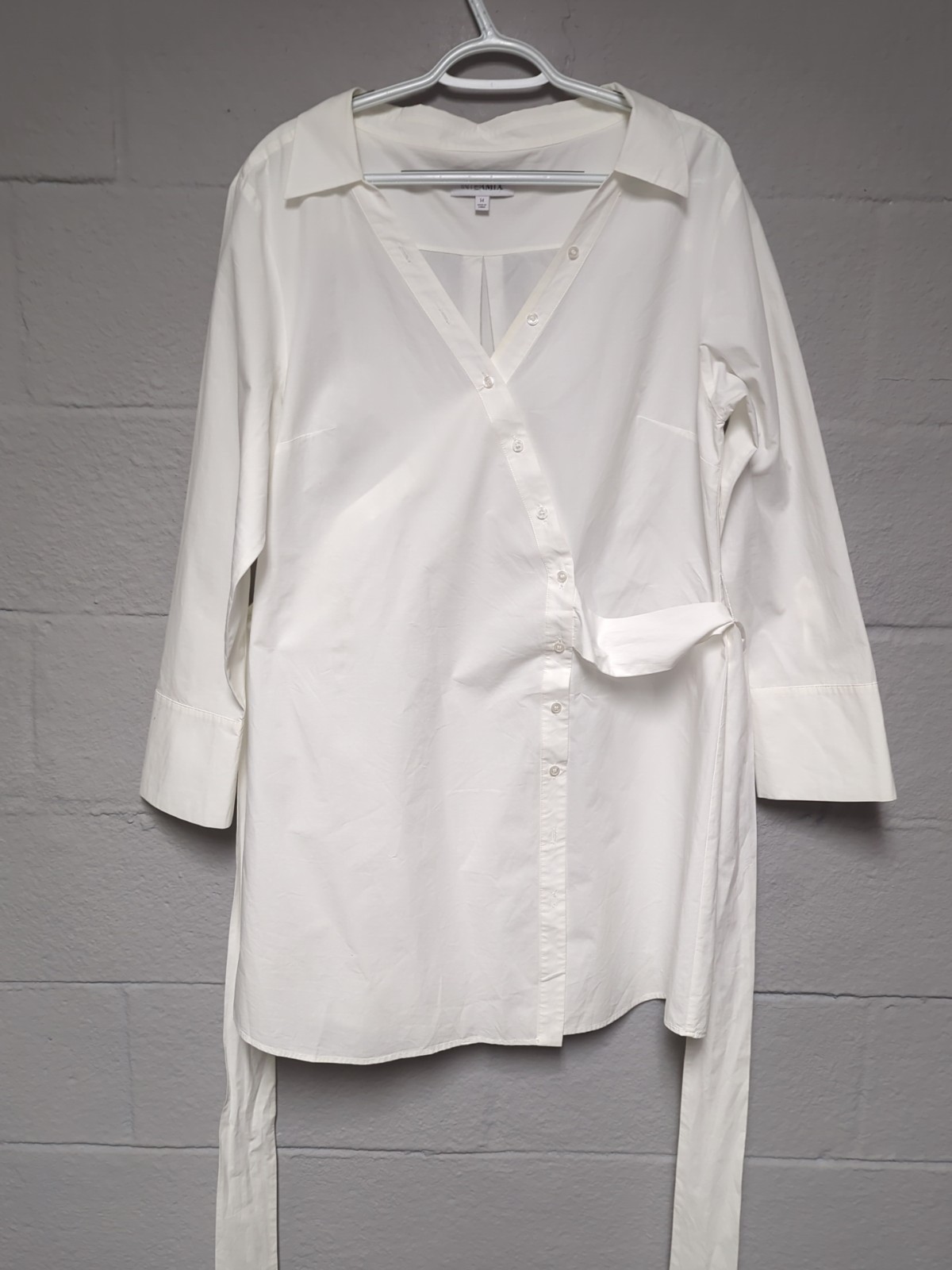 Intermix Wrap Shirt Dress Size L White Cotton Poplin Cuffed Long Sleeves