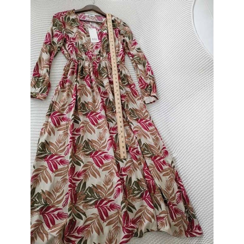 Parisian NWT Tropical Leaf Maxi Dress S 100% Cotton Pink Green Long Slv $158