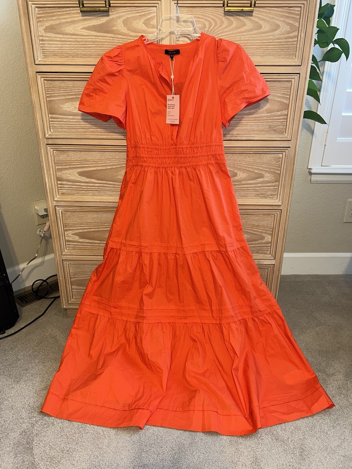 NWT Quince Size Medium 100% Organic Cotton Orange Poplin Tiered Maxi Dress New