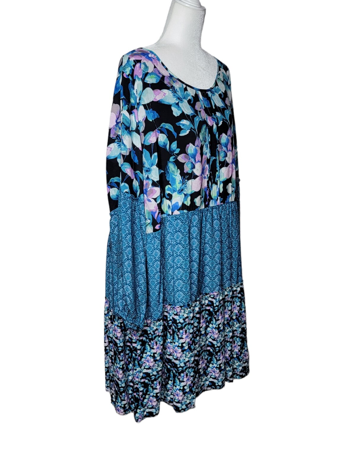 Soft Surroundings 2XL Night Bloom Dress Floral Blue Long Sleeve 5DY50 EUC