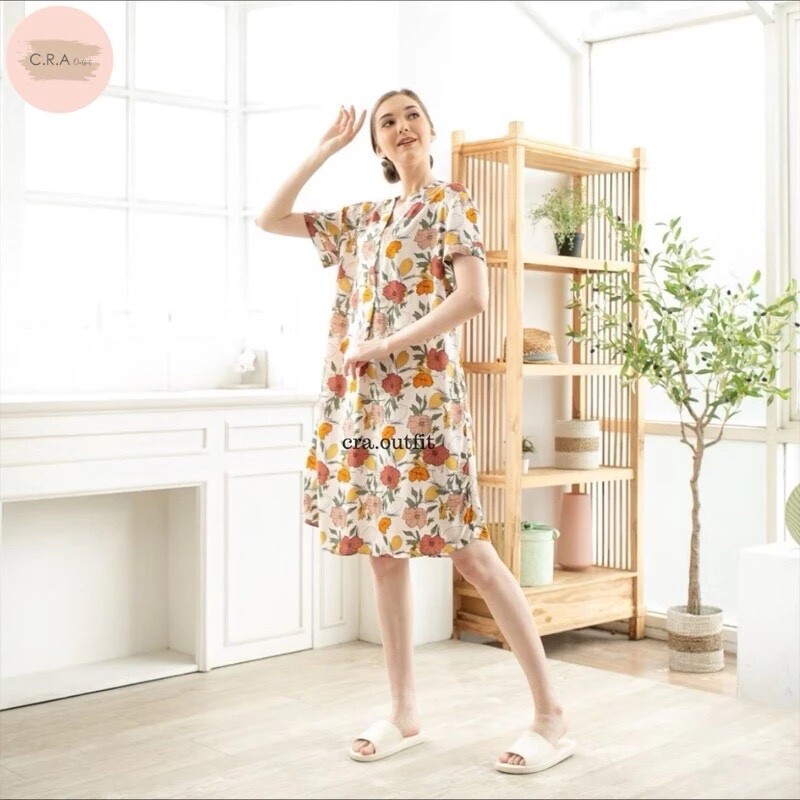 0001/ Three Buttons Mandarin Neck Dress, Lightweight, Homewear, Loose Dress