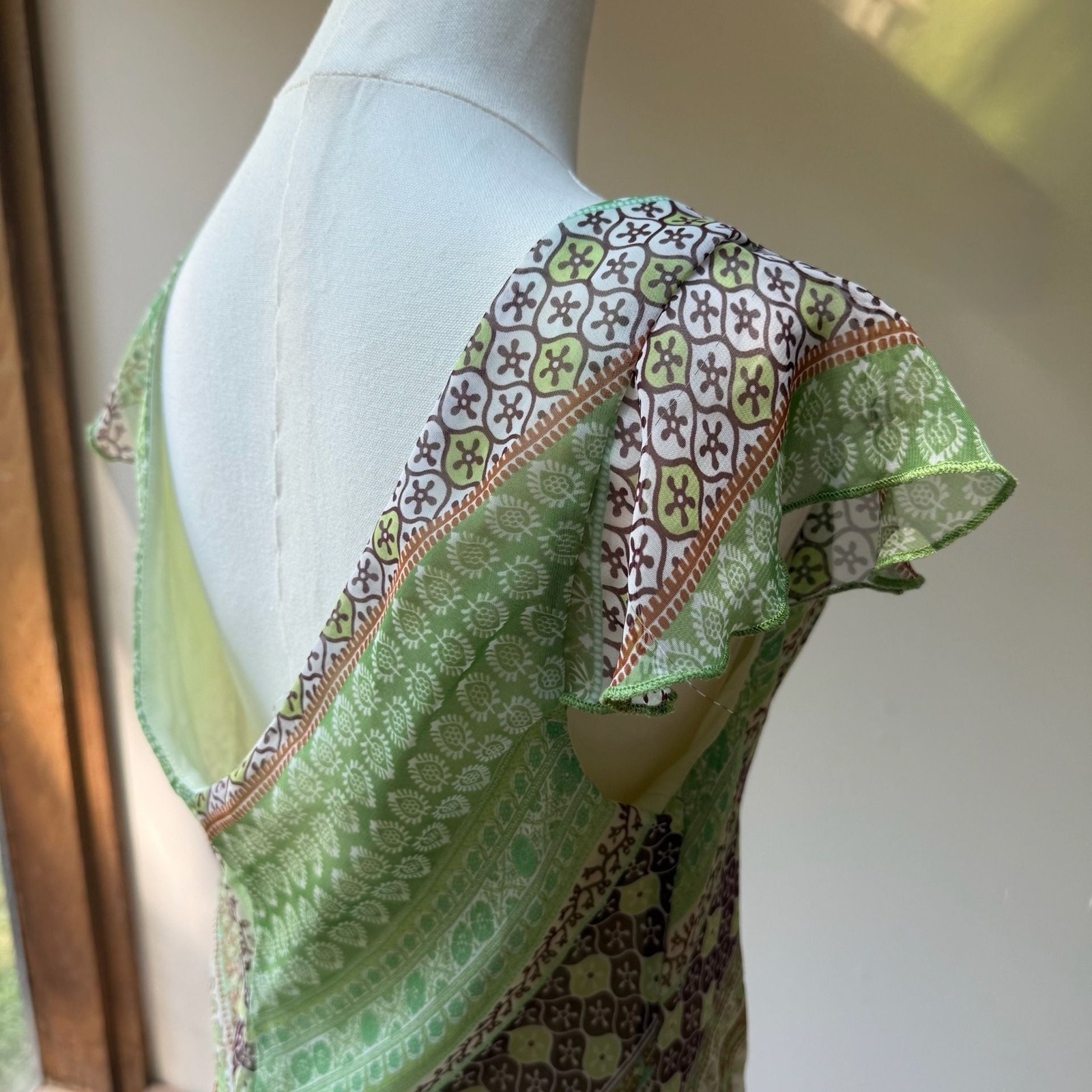 Vintage B. Smart Y2K Green Paisley Floral Flutter Sleeve Midi Dress