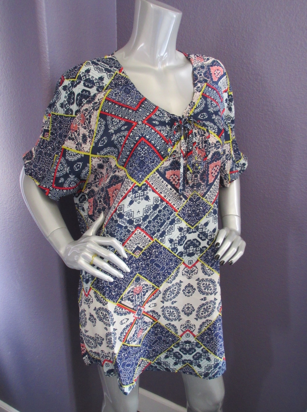 NWT Gypsy05 Bima Printed Silk Lace Front Dolman Sleeve Shift Mini Dress XS $242