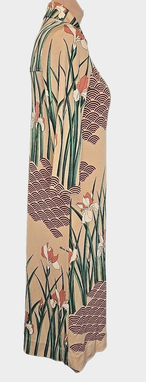 VIVID Hanae Mori beige green blush brown japanese art print Floral midi Dress S