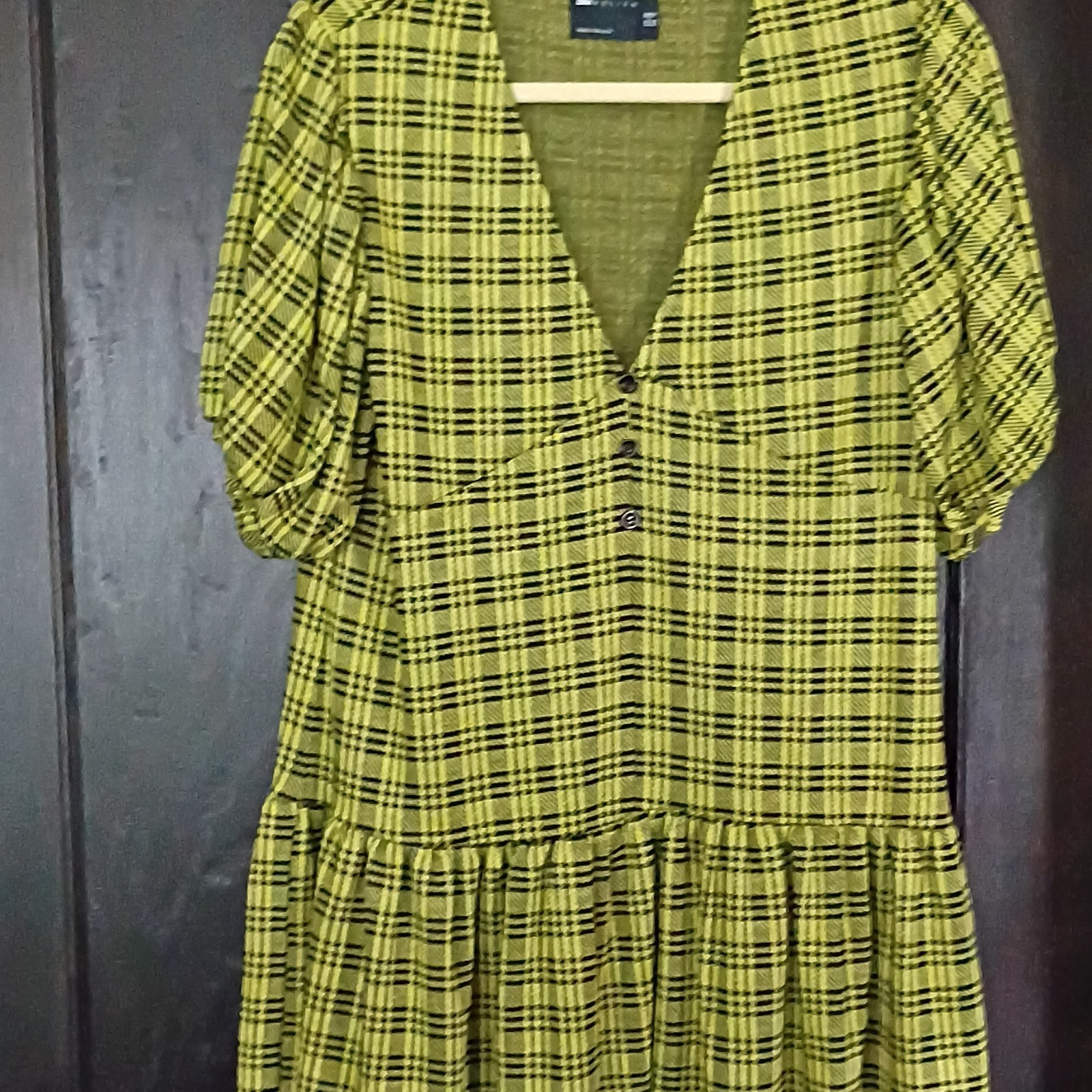 ASOS DESIGN Green/Black Plaid V-Neck Puff Sleeve Button Babydoll Dress US 6