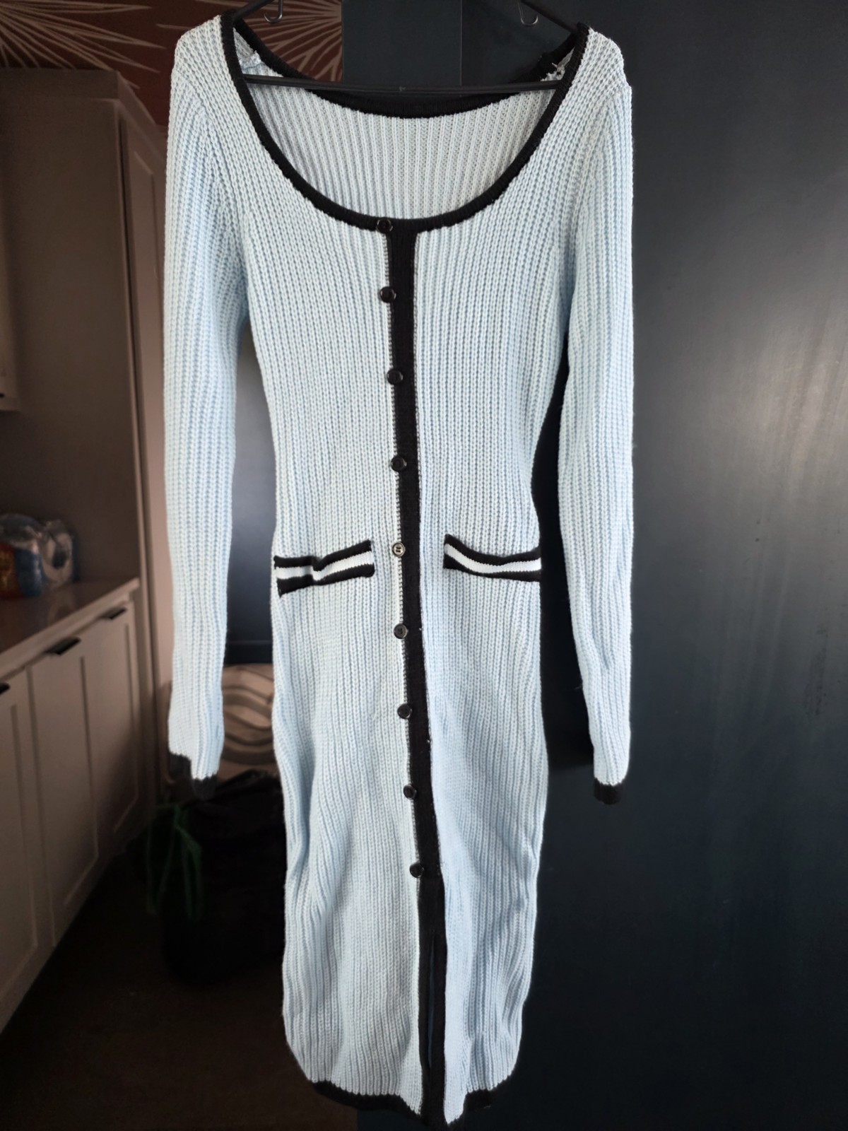 Light Blue Knit Sweater Dress Button Front Black Trim Long Sleeve Midi