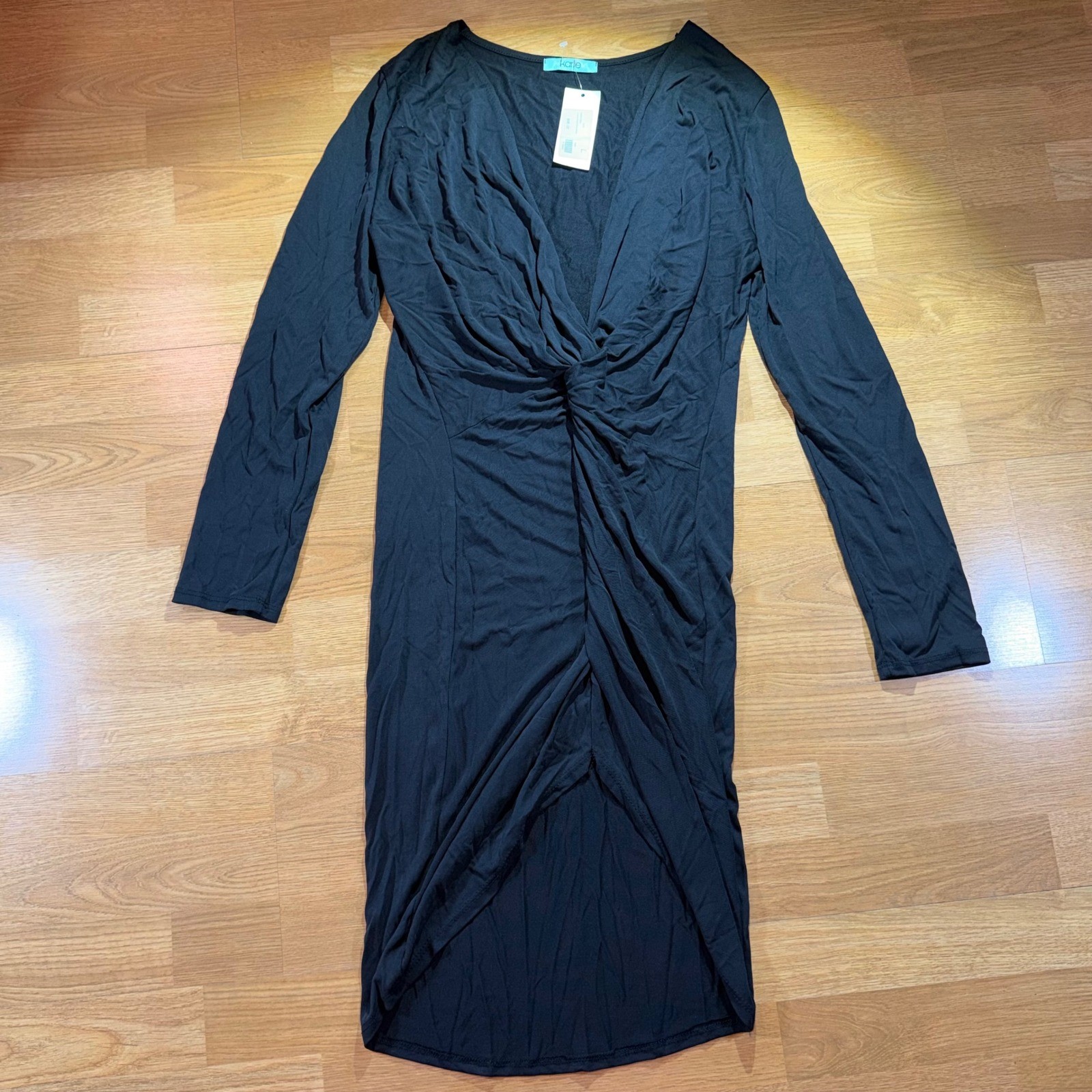Karlie Black V-Neck Twist Front Long Sleeve Midi Dress Formal L NWT