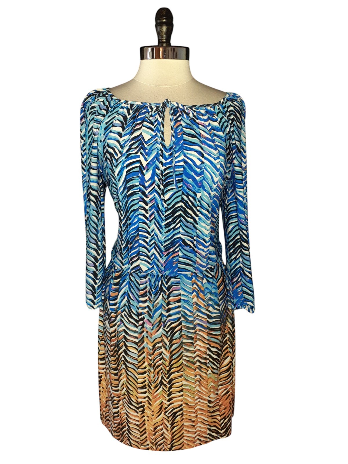 MAGGY LONDON Size 14 Dress Blue White Orange 3/4 Sleeve Stretch Knee Length