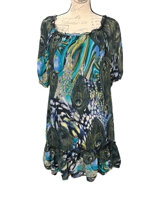 Belle Du Jour Mini Shift Dress M PEACOCK Feathers Ruffles BOHO Lined SUPER CUTE!