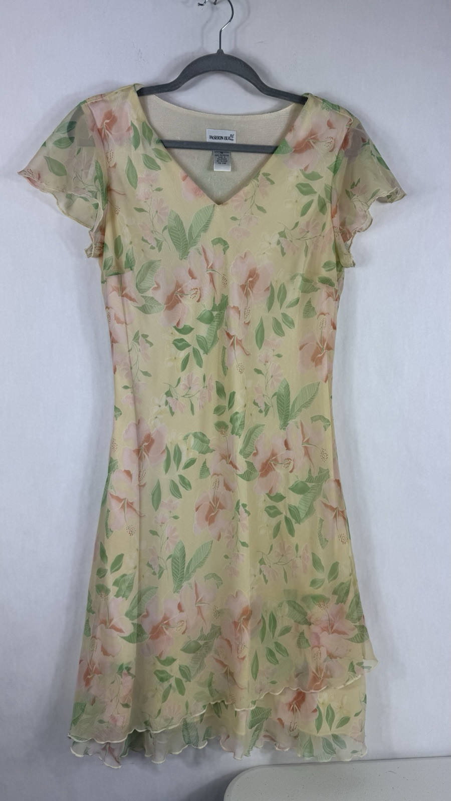 Vtg Floral Dress Sz 8-10 (M) Yellow Rococo Flowy Lined Pastel Fairy 90s Y2K