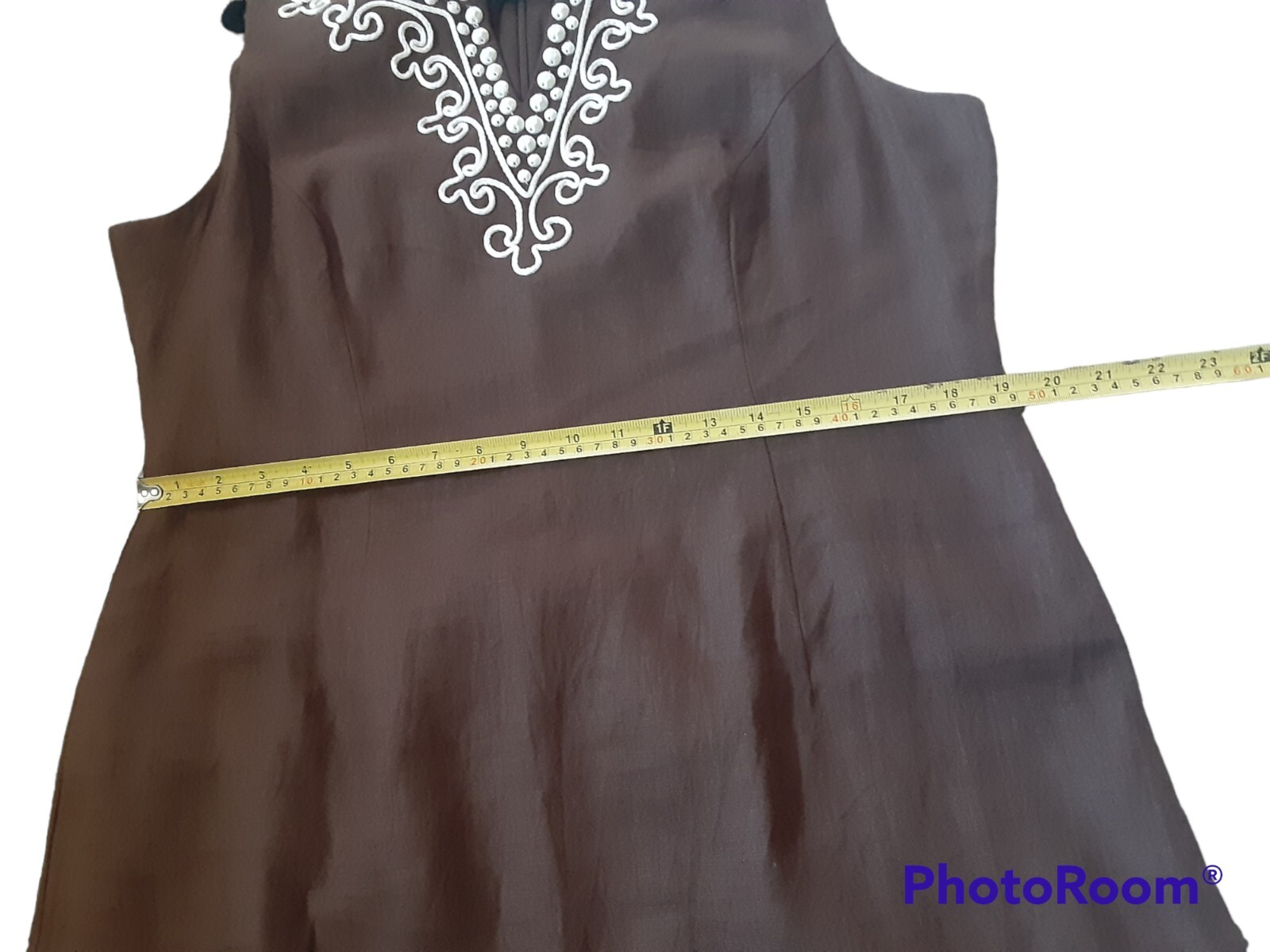 Talbots Size 16 Linen Lined Sleeveless Round Split Neck Beads Knee Sheath Dress