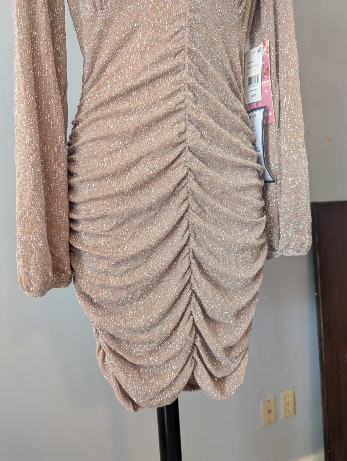 NWT Emerald Sundae Womens Silver Taupe Glitter Draped Front Dress M Ruched