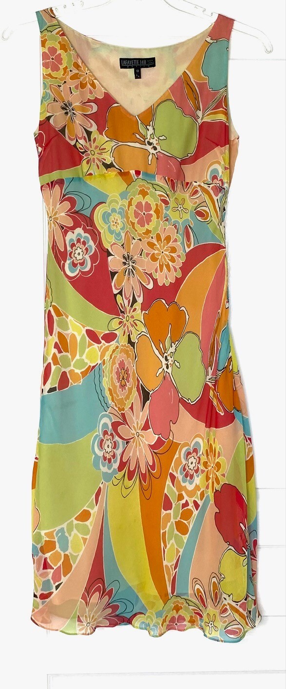 LAFAYETTE 148 Groovy Psychedelic Flower Floral 70’s Crinkle Silk Dress 10 Petite