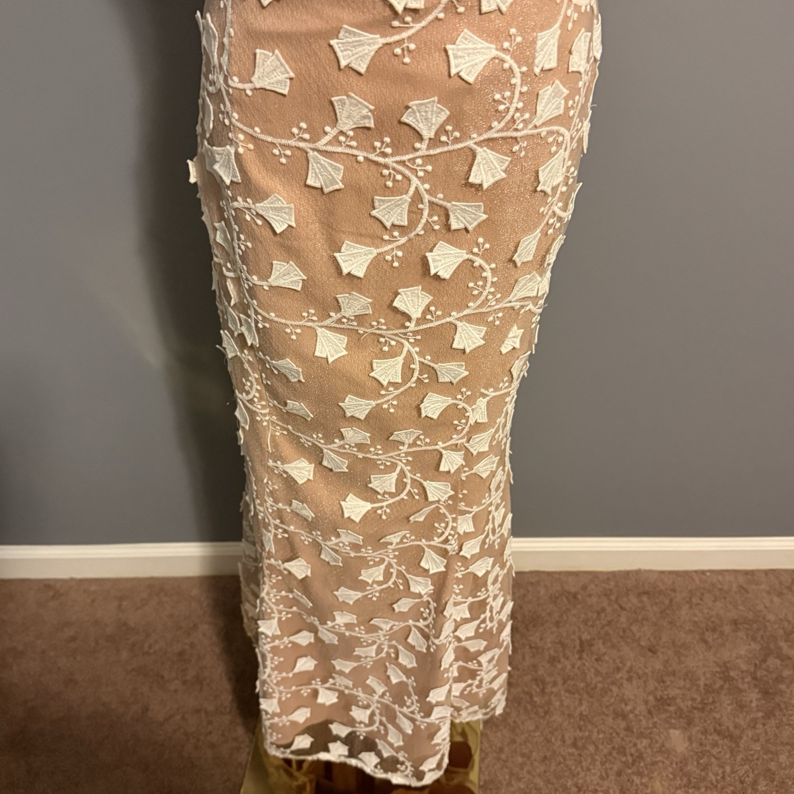Jarlo Embroidered Mesh Maxi Dress 12 Petite Floral Aplique Nude Illusion Formal