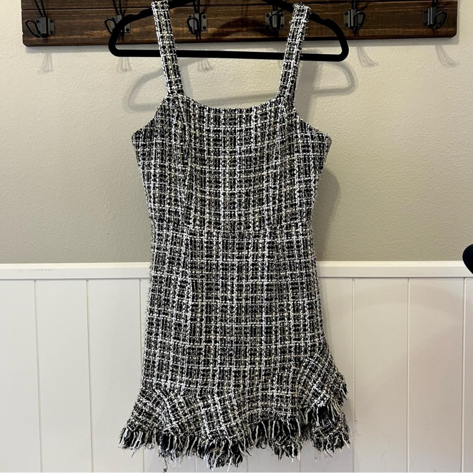 AQUA Metallic Tweed Square Neck Black White and Metallic Mini Dress