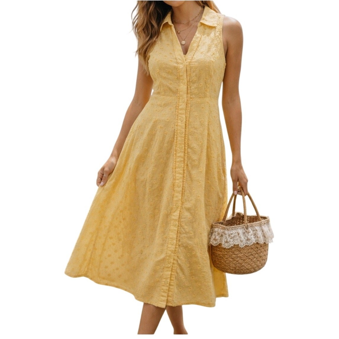 Antilia Femme Womens Cotton Eyelet Midi Dress Sz Lg Yellow Preppy Cottagecore￼