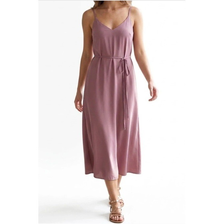 Lulus Mauve V-Neck Midi Dress Waist Tie Adjustable Straps Small NWT