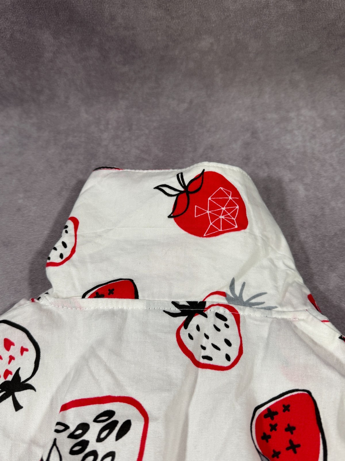 Unique Vintage MEDIUM White Strawberry Dress Retro Collared Tie Button