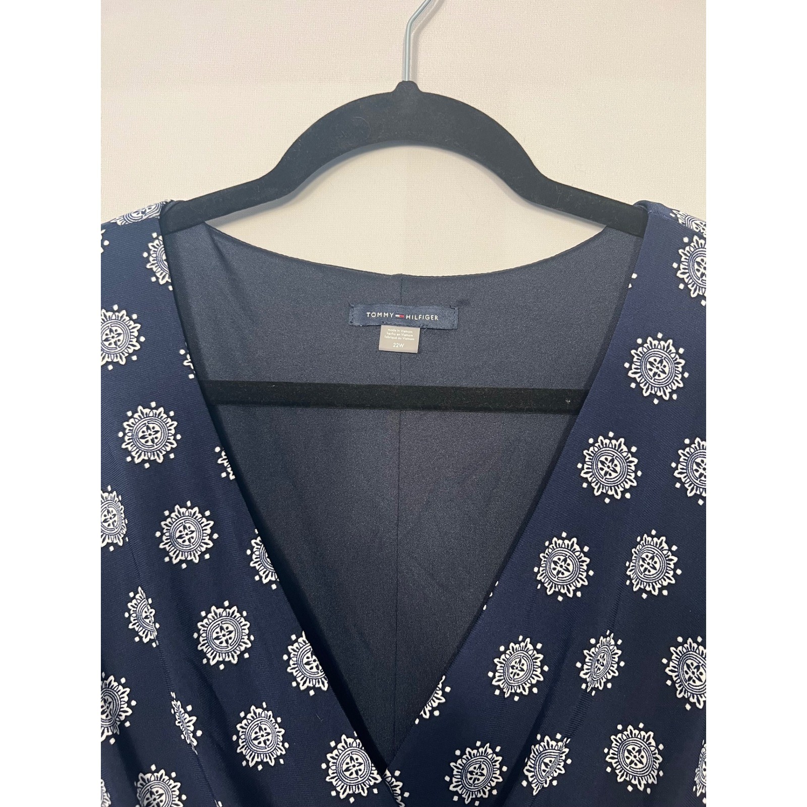 Tommy Hilfiger Womens 22W Navy Blue Medallion Print Faux Wrap A-Line Dress