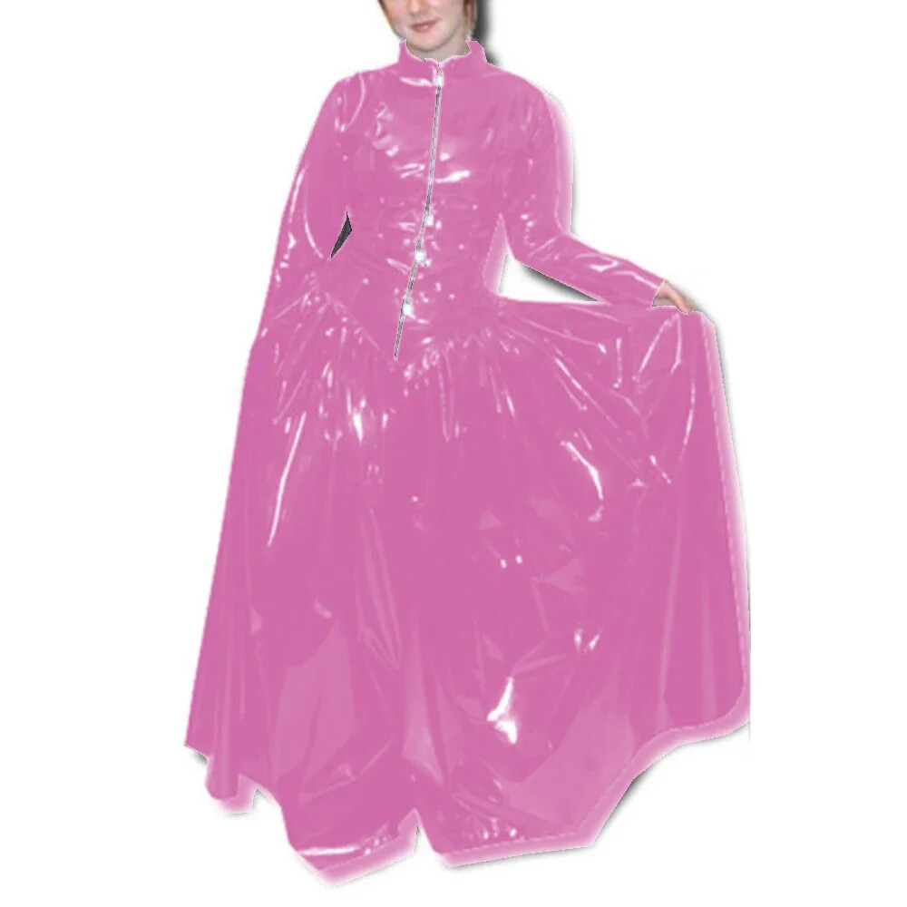 Lockable Spandex PVC Leather Long Dresses Exotic Party Wetlook Pleated Dress