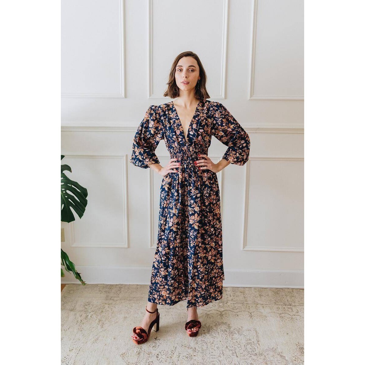 Mille Resort Camille 100% Cotton Smocked Midi Dress Montmarte Floral Large