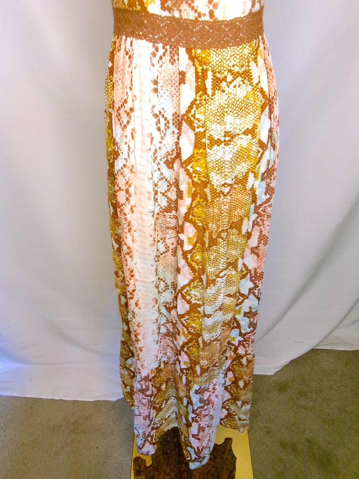 Wrangler Retro Snake Print Maxi Dress Womens Small Boho Crochet Trim Sleeveless
