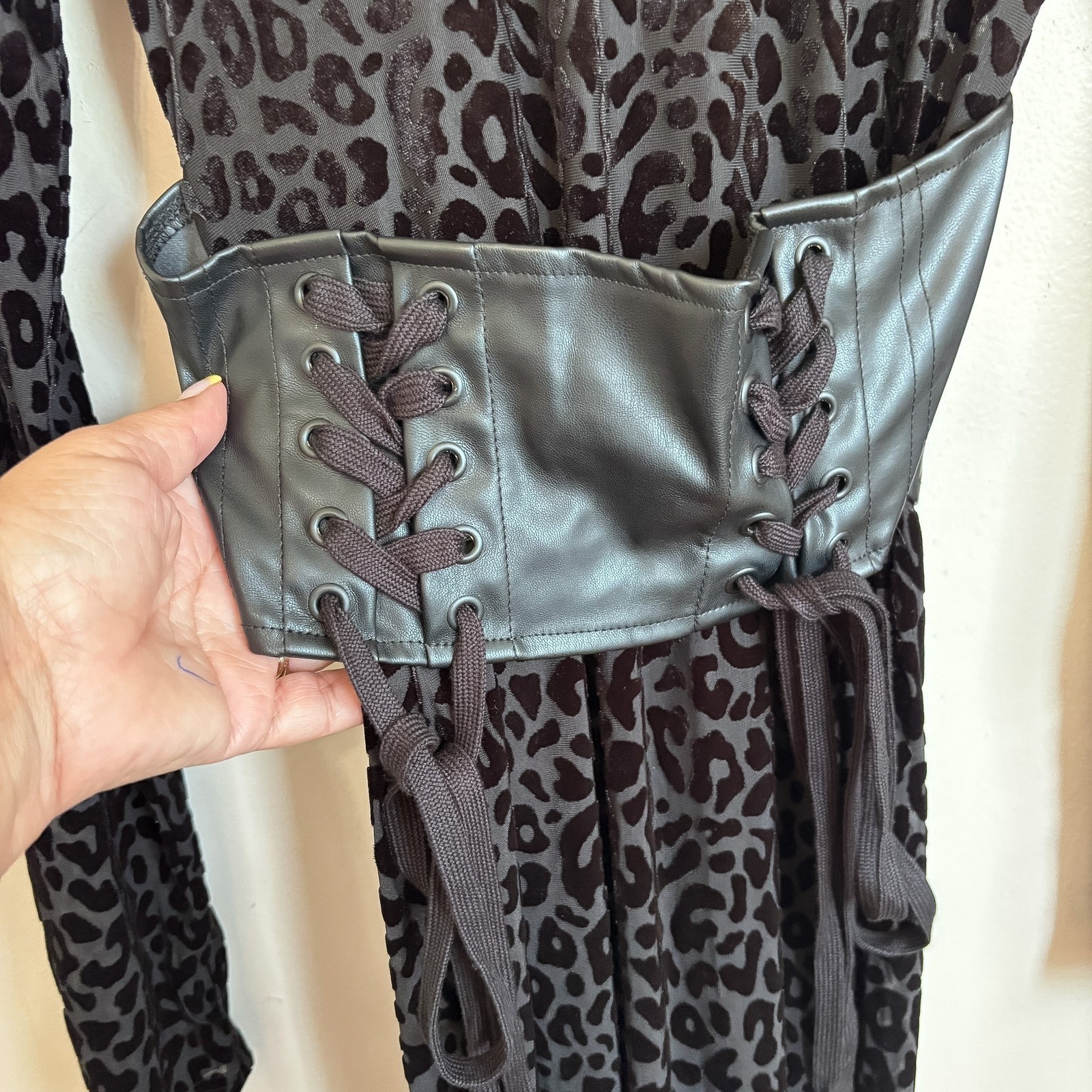 Capsulle Whimsigoth Leopard Corset Dress Medium Black Burnout Velvet Sheer Mesh