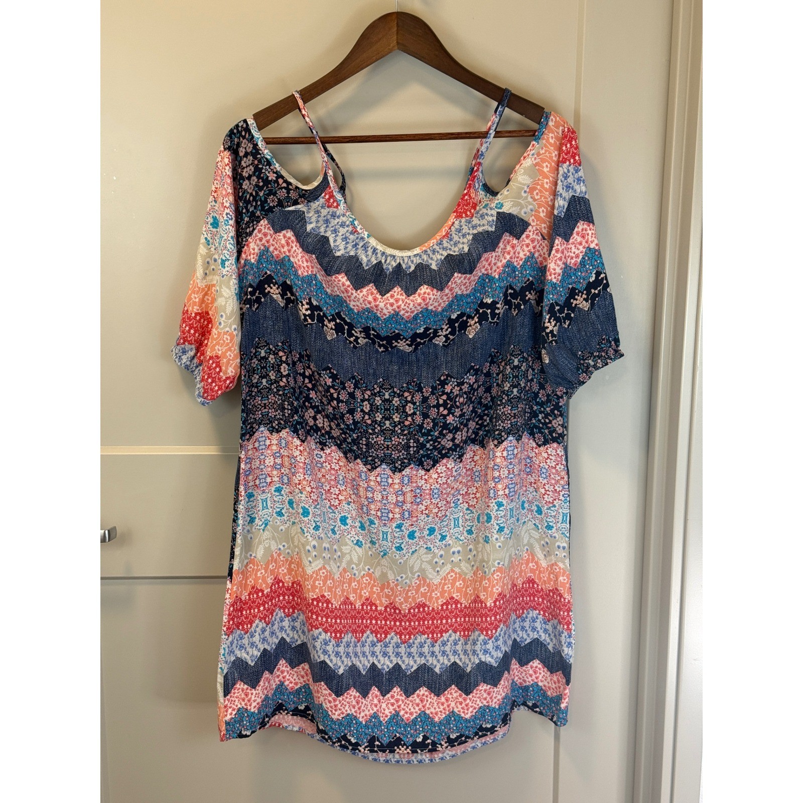 Espresso Chevron Floral Patchwork Cold Shoulder Slip Dress Size XL Grandmacore
