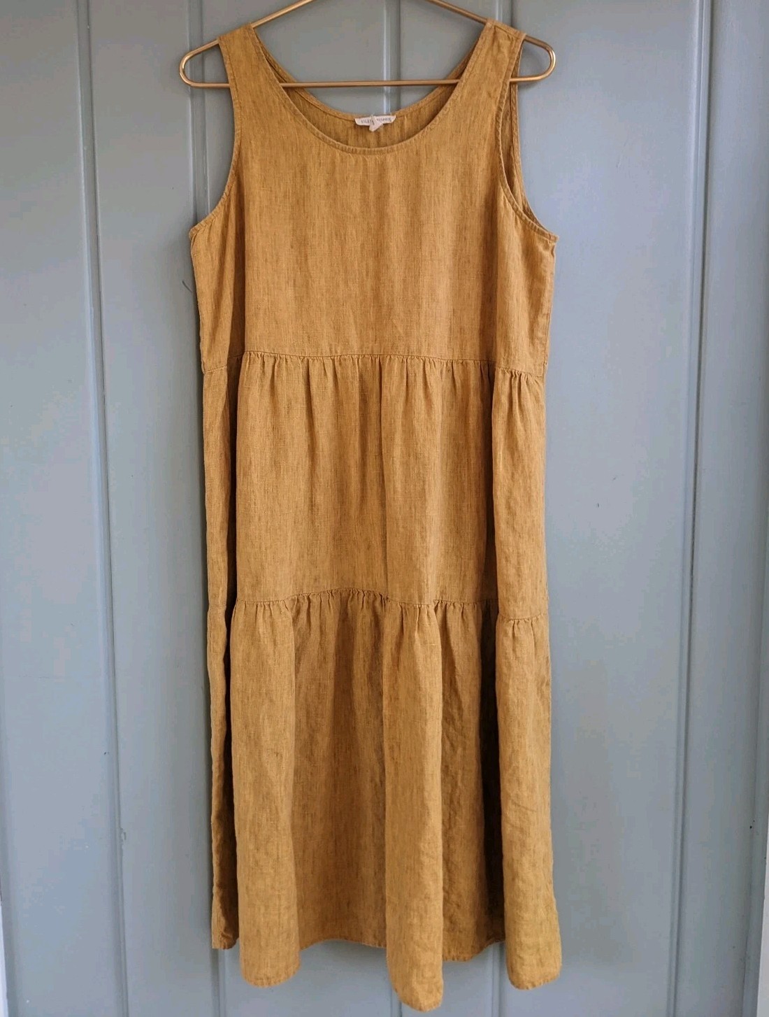 Eileen Fisher Delave Tiered Dress Washed Organic Linen Womens Medium M Marigold