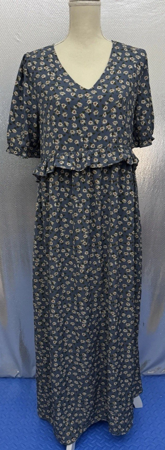 Roolee Dress Womens Sz L Blue Floral Boho Ruffle Waist Short Sleeve Maxi