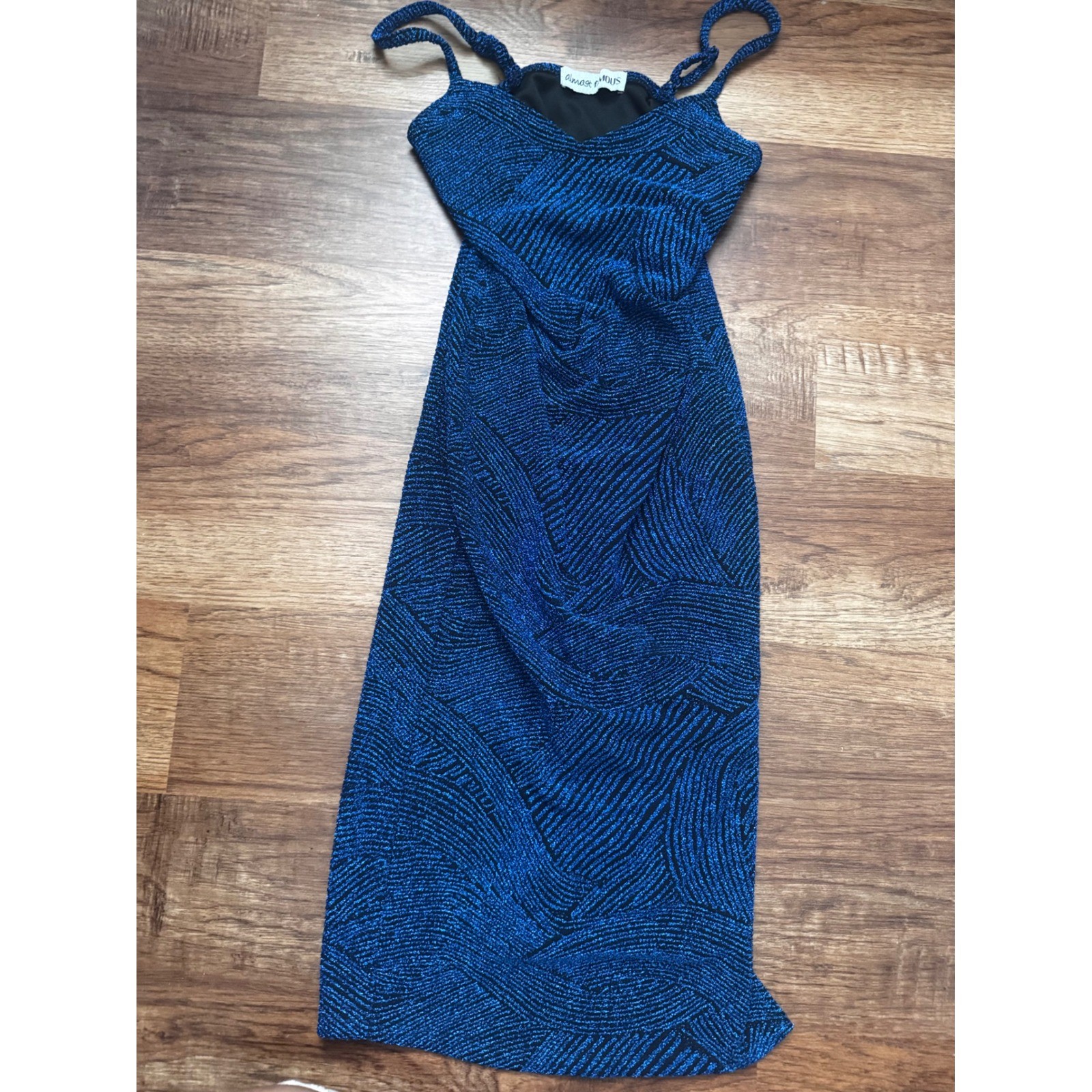 Almost Famous Blue Black Glitter Swirl Bodycon Midi Dress Spaghetti Strap Slit