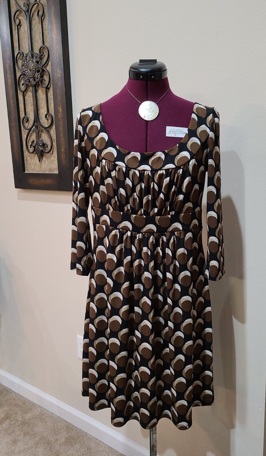90s I.N. STUDIO Empire Waist Dot VINTAGE Dress – Size 10~ 3/4 Sleeve ~ VG