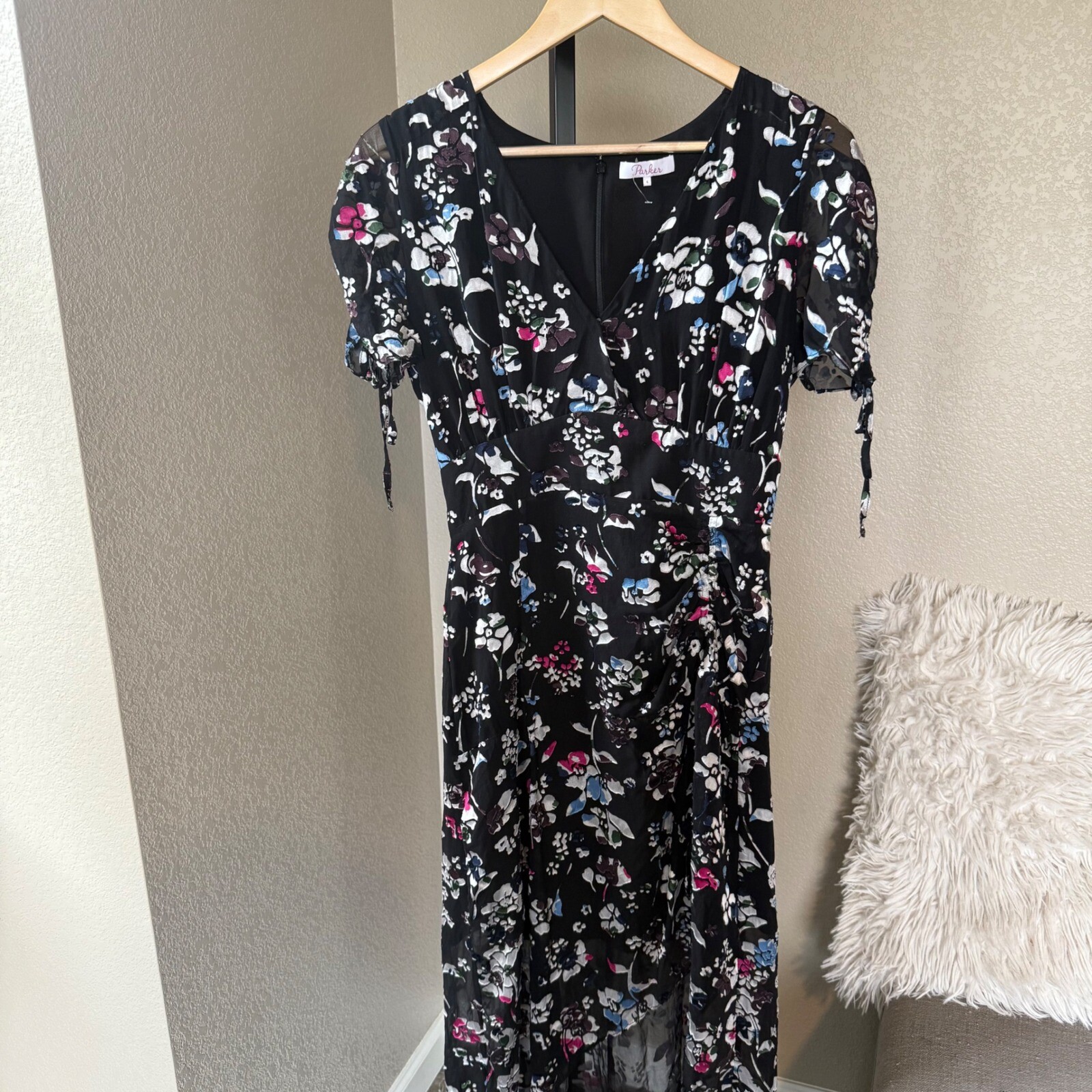 Parker Womens Lizzy A Line Dress Black White Floral Ruched Zip V Neck Size 4