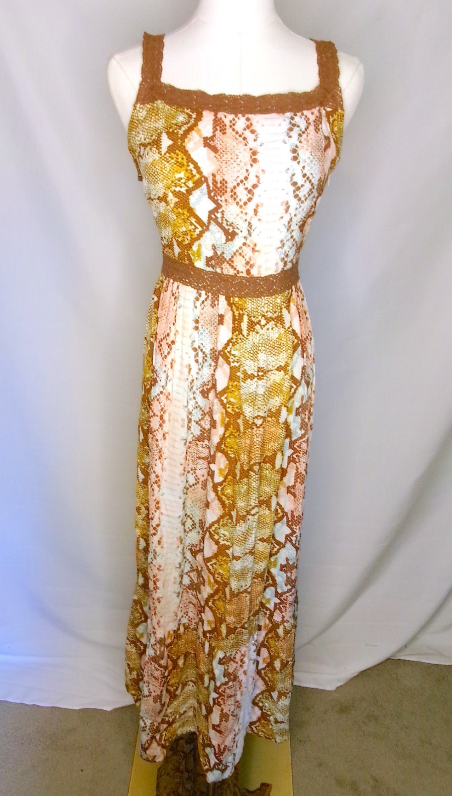 Wrangler Retro Snake Print Maxi Dress Womens Small Boho Crochet Trim Sleeveless