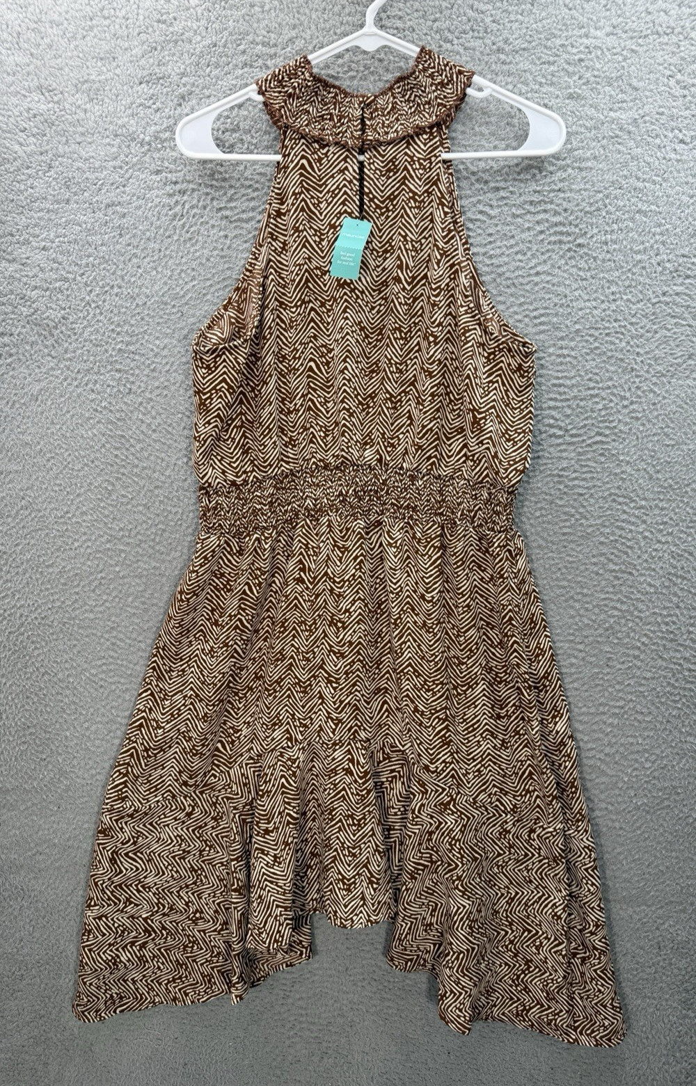 Maurices Dress Womens Large Brown Tan Geometric Smocked Mock Neck Mini NEW