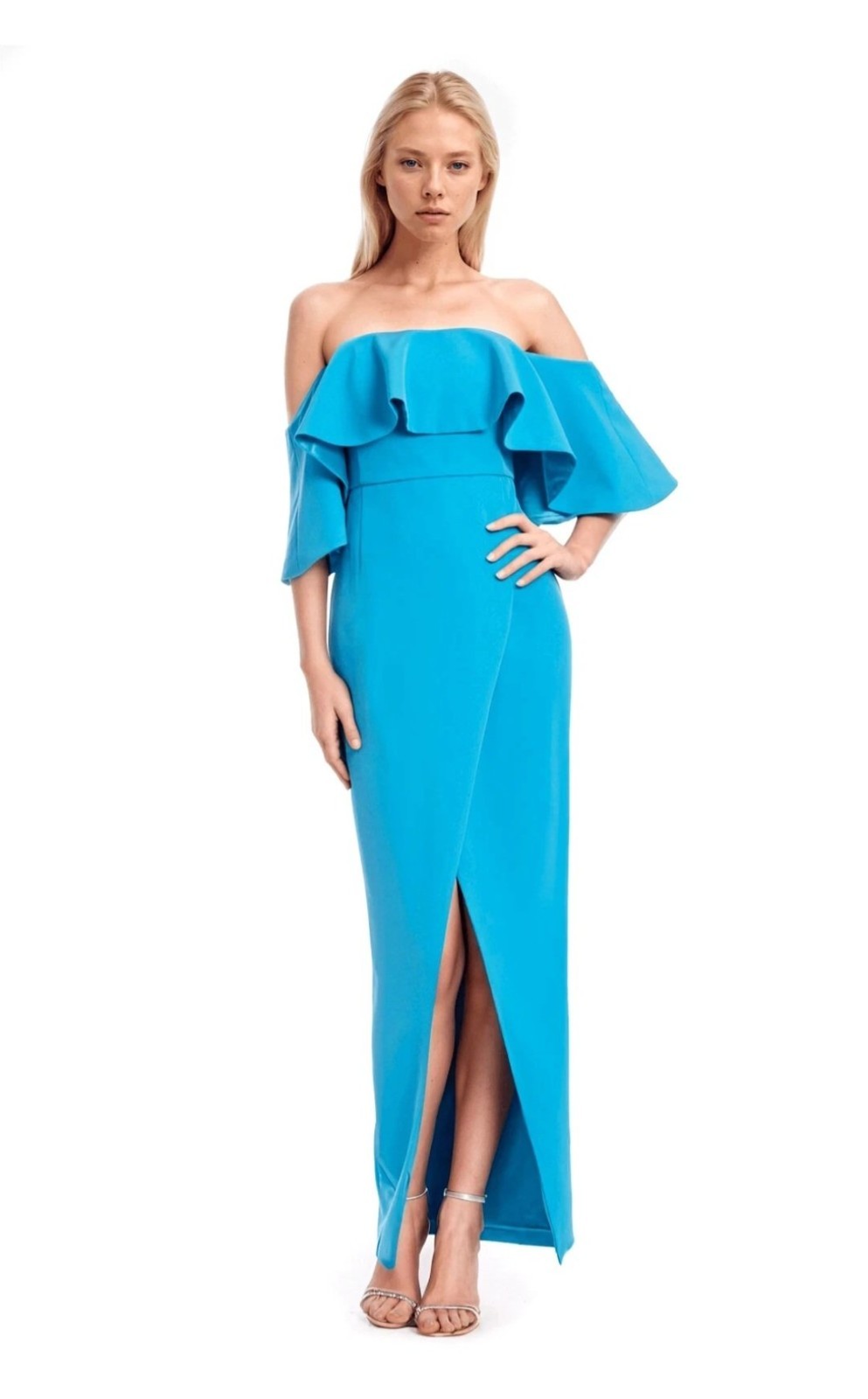 Jewel Badgley Mischka Cheery Off Shoulder Popover Gown Slit Wrap Turquoise sz 4