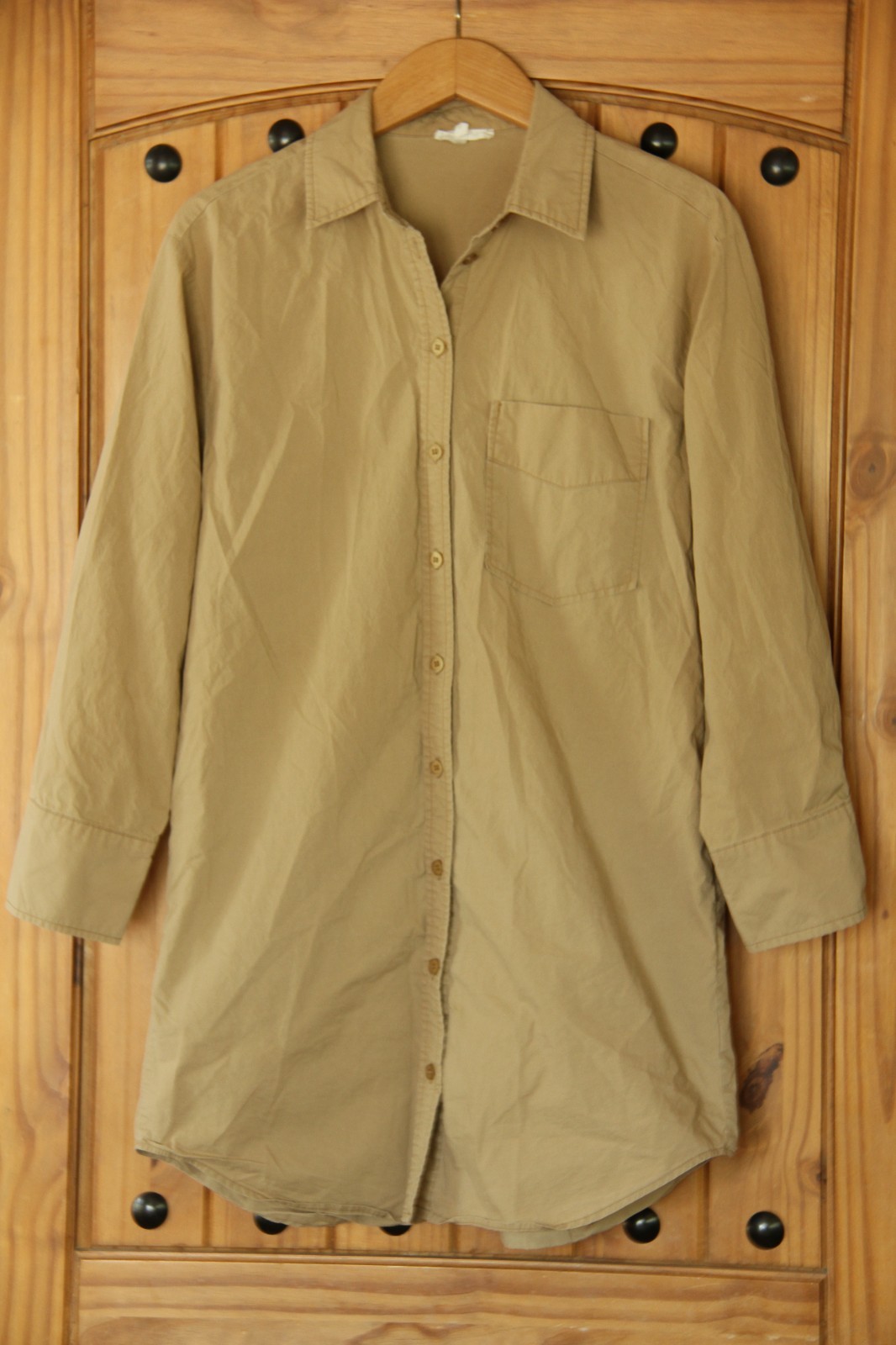 Mimosa M Beige Brown Oversized Button Up Shirt Dress Pockets 100% Cotton EUC!
