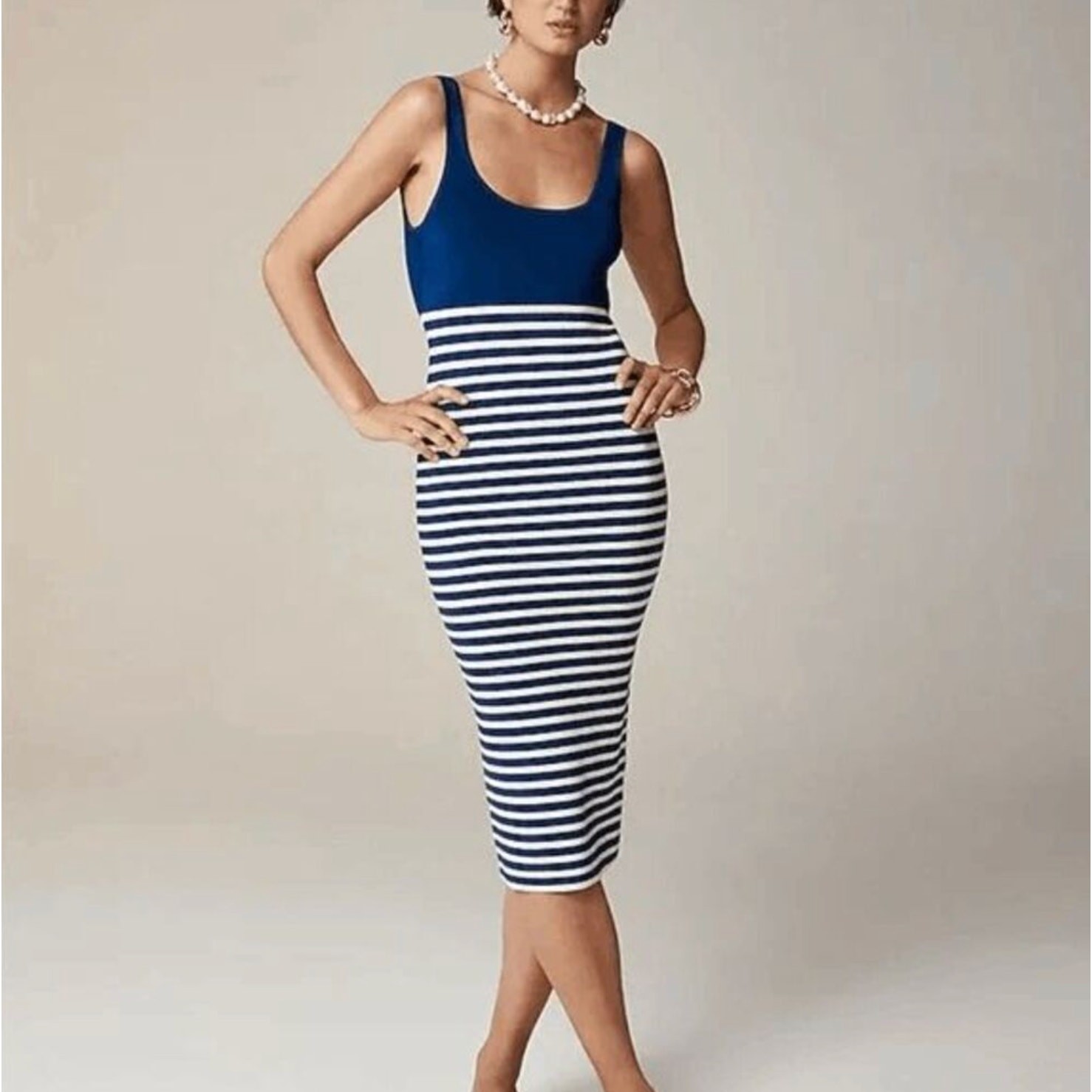 J.Crew NWT Striped Midi Tank Dress Navy Sleeveless L Costal Quiet Luxury Preppy