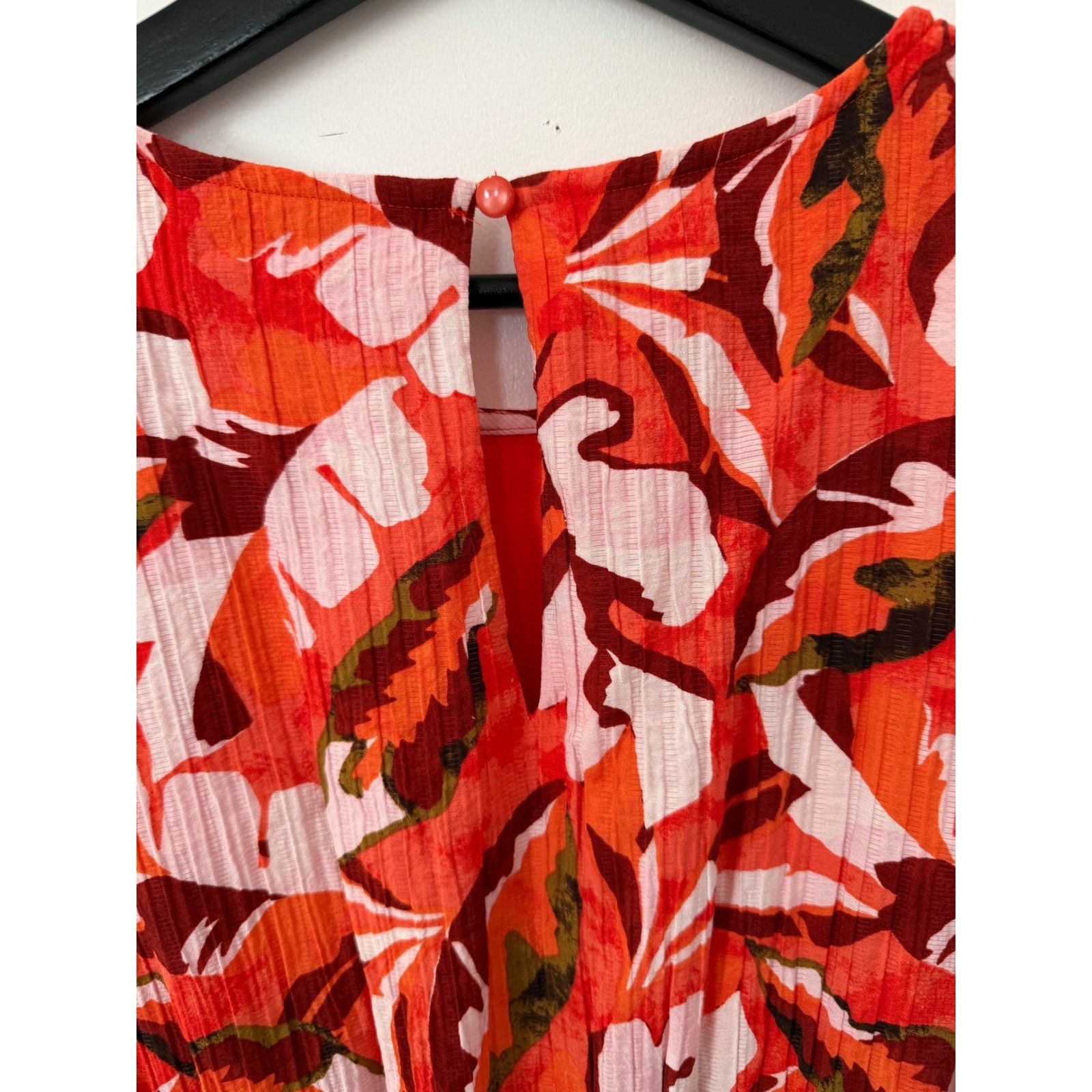 Nine West Red Tropical Leaf Tiered Midi Dress Sleeveless Small
