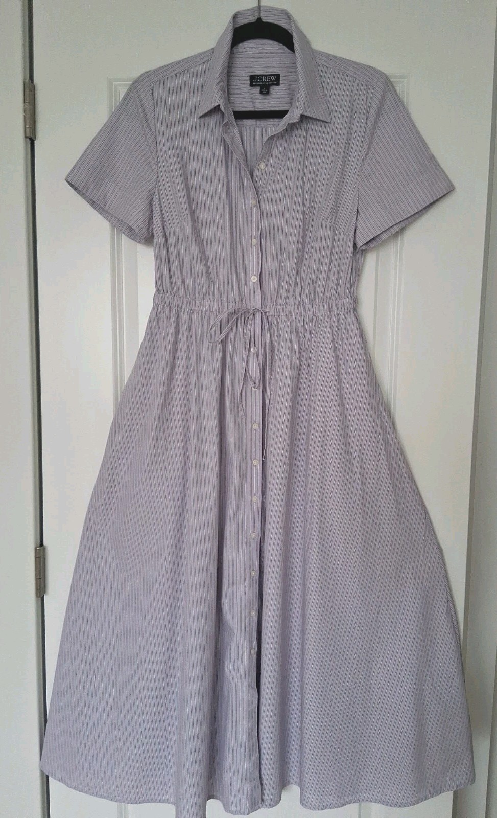 J.Crew 6 M Button Front Shirt Dress Teacher Striped Lilac Gray Drawstring A-line
