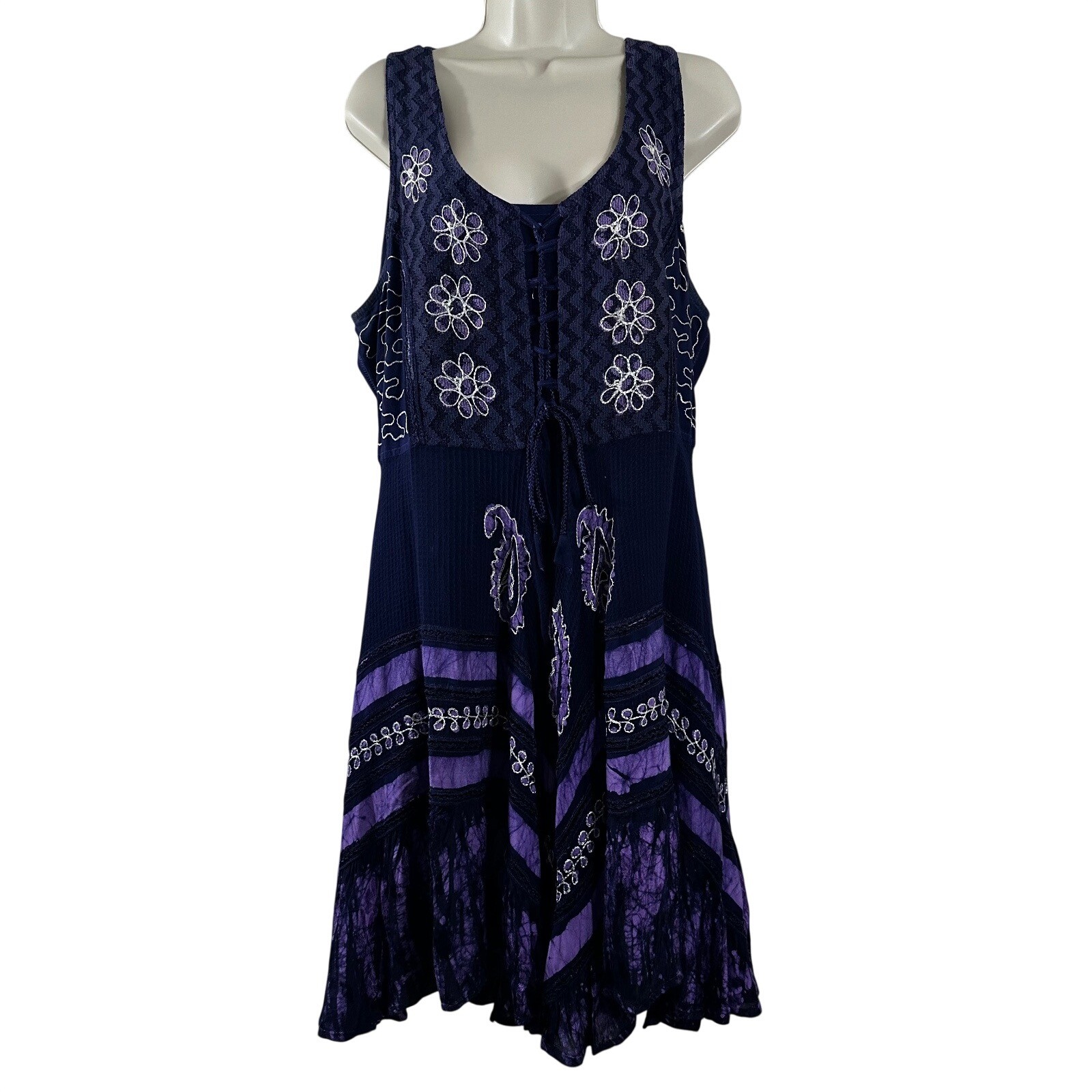 Flower Plus Size Navy Purple Boho Floral Embroidered Batik Handkerchief Dress