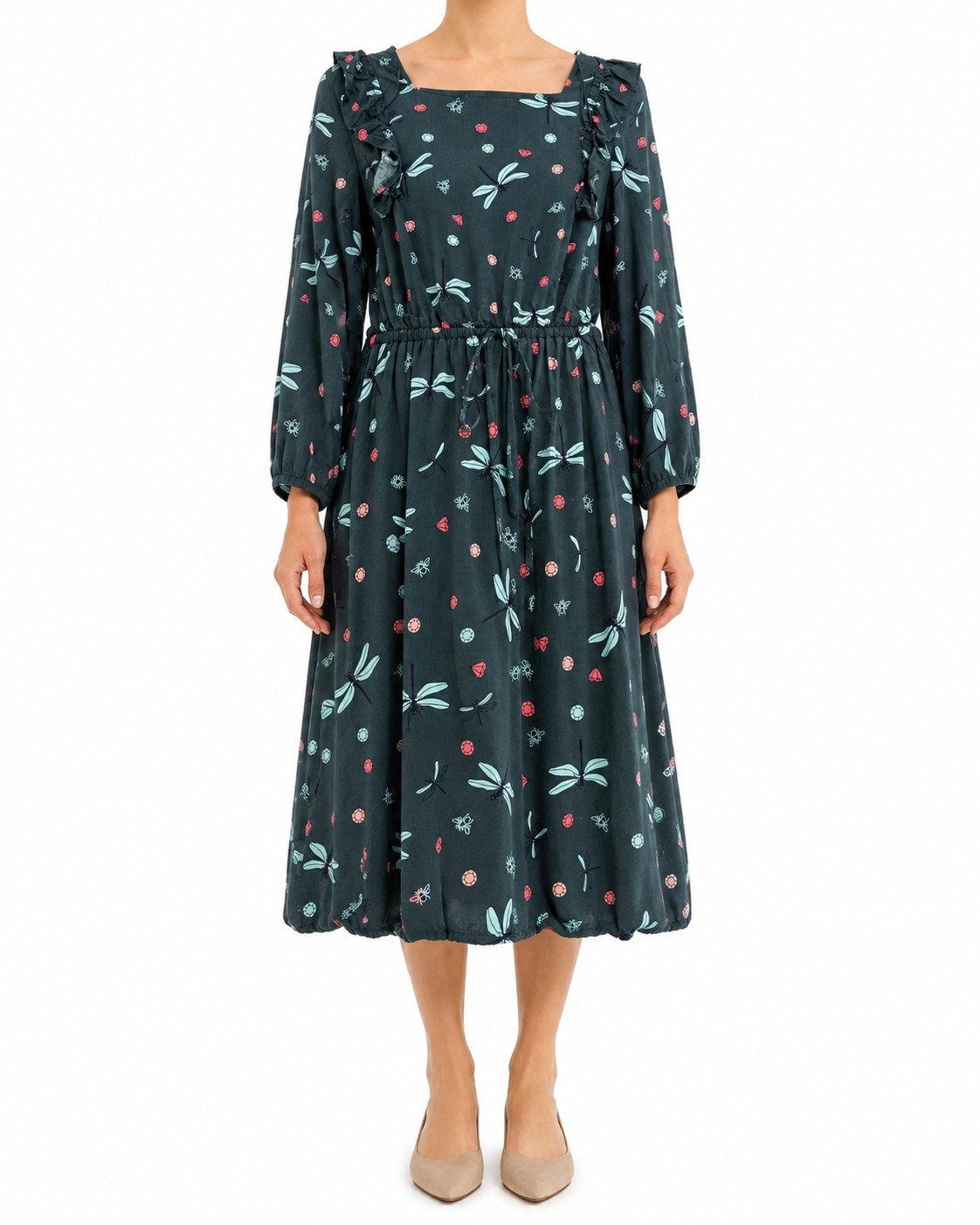 Groggy Girls Dark Green Floral Knee-Length Dress Size L