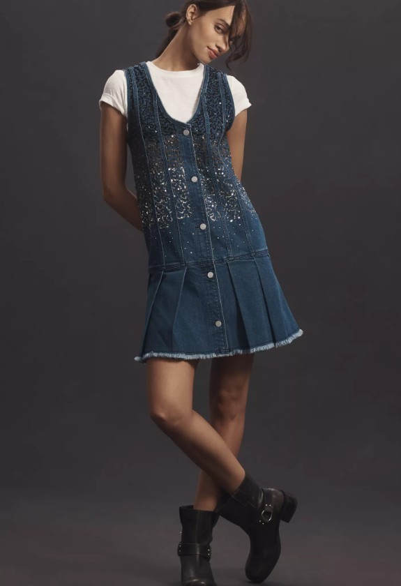 NWT Anthropologie Pilcro Sequin Sparkle Denim Button Front MinI Dress Size Small