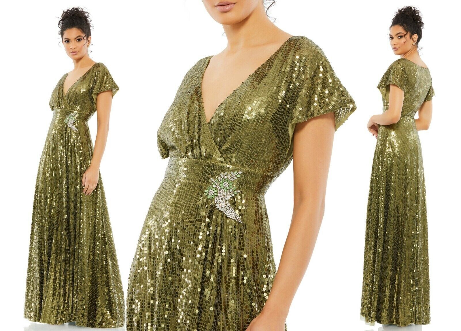 Mac Duggal Olive Green Sequined Butterfly Sleeve Faux Wrap A Line Gown 2 $598
