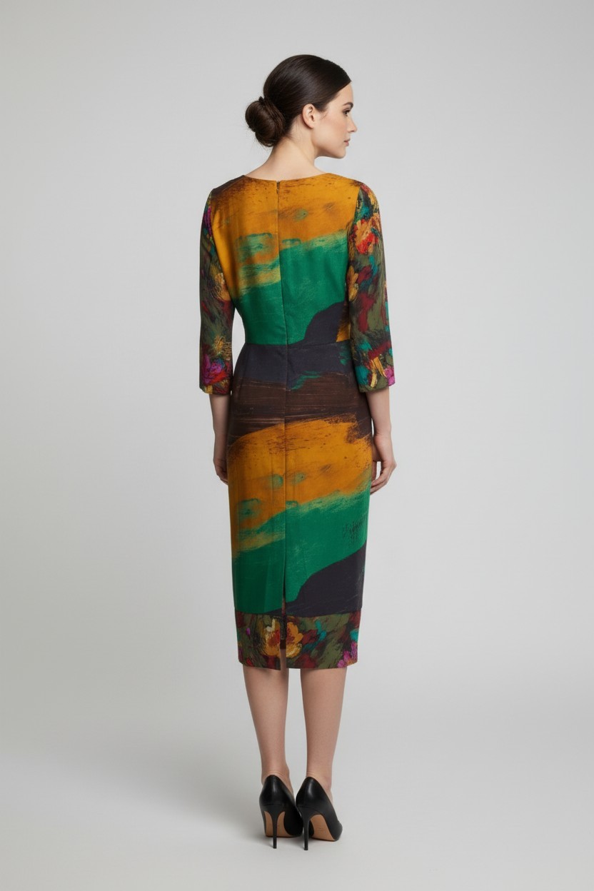 Oscar De La Renta Brushstroke Floral Midi Dress Abstract Wool Silk Sz 12 XL NWOT