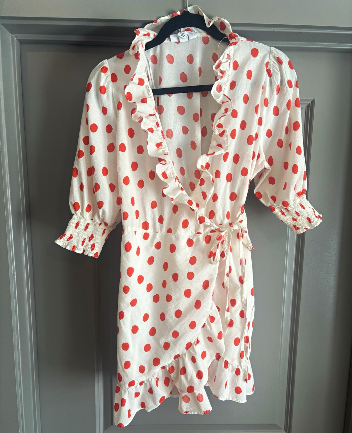 RIXO Polka Dot Wrap Dress V-Neck Puff 3/4 Sleeve Short White/OrangeXL