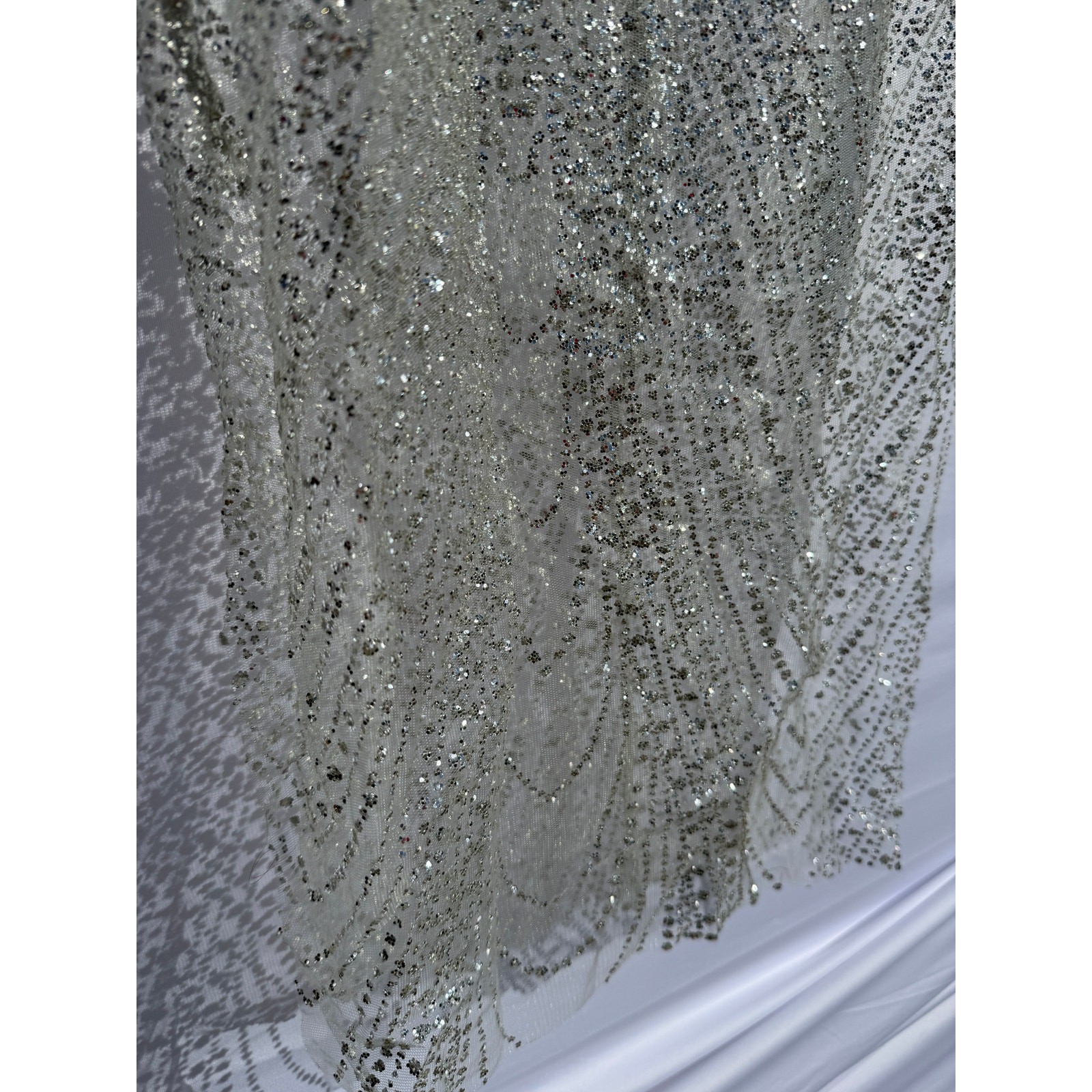Meshki Aviana Silver Jeweled Glitter Mesh Midi Party Dress Sz S