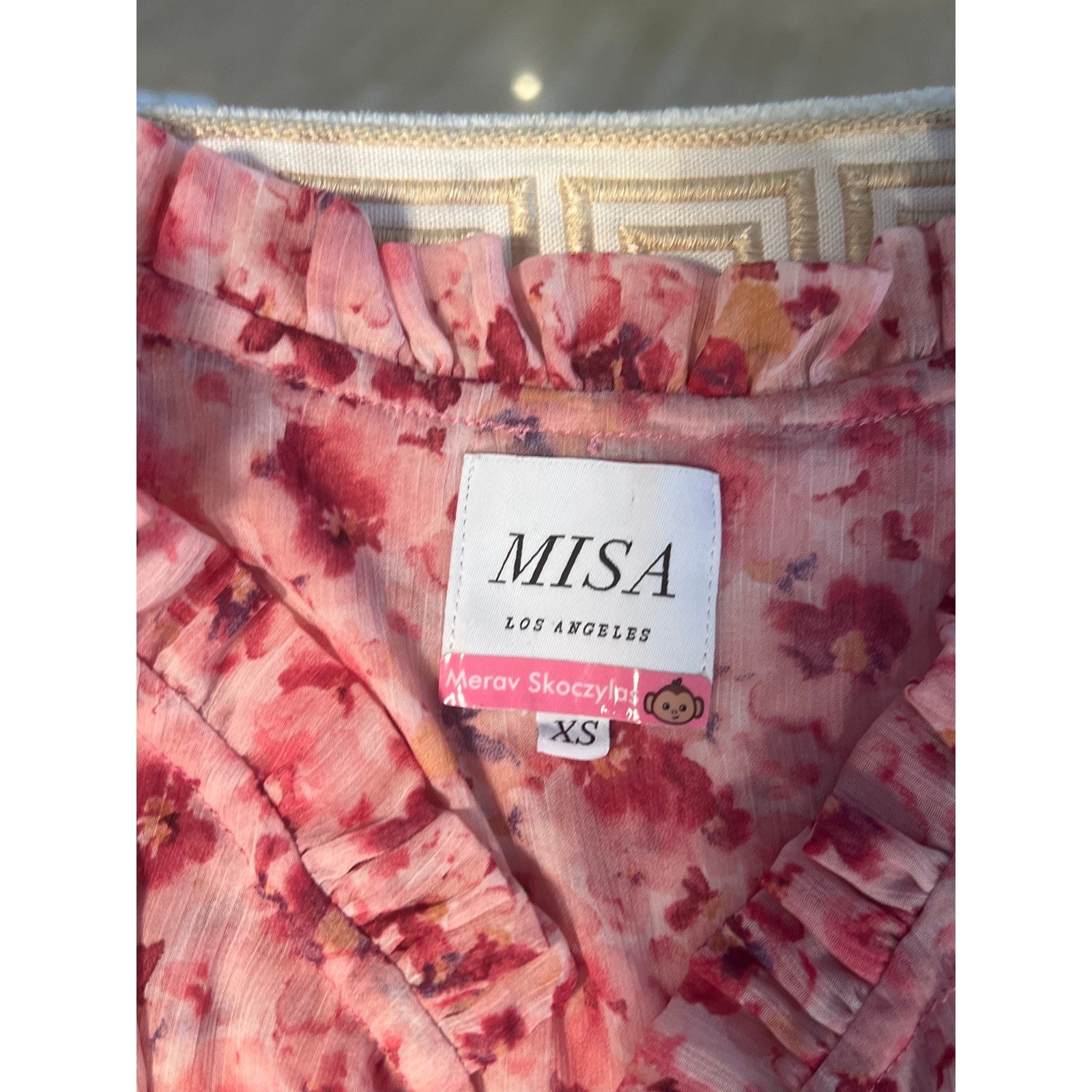MISA Los Angeles Pink Floral Chiffon Smocked Mini Dress Ruffle Flutter Sleeve XS