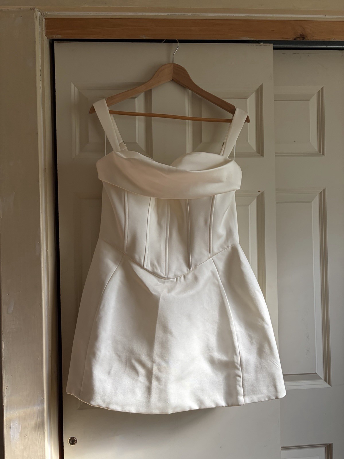MESHKI Isabel White Satin Corset Mini Dress, Adjustable Straps, XL